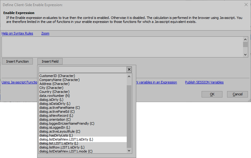 Click Insert Field to insert a control or UX Component
variable into an Enable Expression.